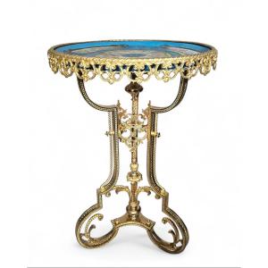 Table d'appoint ronde en porcelaine de style Sèvres, XIXe siècle, ornée de montures en bronze d