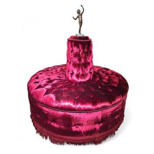 Monumental Italian Circular Pouf In Red Quilted Velvet With Bronze Faun Sculpture