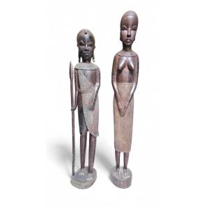 Paire de sculptures tribales africaines en bois, années 1970