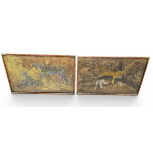 Pair Of African Batik Panels With Leopard Motif, Signed And Dated 1977, By