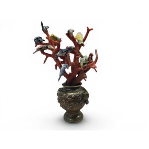19th Century Miniature Sculpture Adorned With Red Coral And Ivory Cockatoos