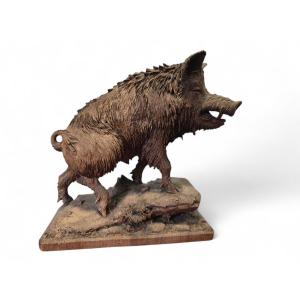 Carved Warthog Sculpture From The Black Forest, 19th Century