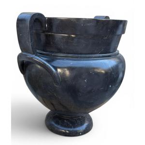 Pair Of Large Greek Style Black Marble Vases, 20th Century
