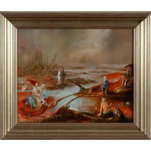 Tomasz Steifer (1955–2015) – Paysage surréaliste avec figures, Huile sur panneau