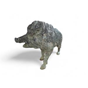 Large Wild Boar Sculpture In Italian Patinated Bronze, 1950s