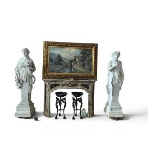 Italian Marble Sculptures With Mythological Themes: Faun And Young Girl With A Horn
