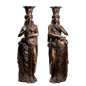 Pair Of Bronze Caryatids, Naples, Italy, 1980s