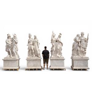 Set Of Four Monumental Sculptures Of Greco-roman Warriors In Italian Marble, From The