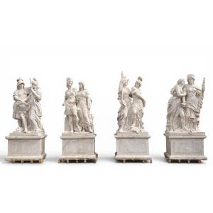 Set Of Four Monumental Sculptures Of Greco-roman Warriors In Italian Marble, From The