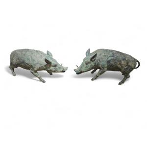 Pair Of Italian Bronze Warthog Sculptures With A Green Patina, 1950s