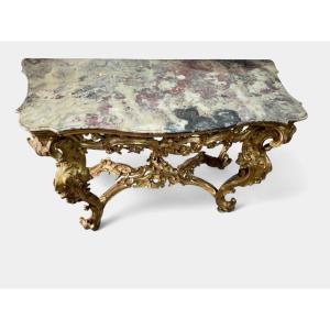 console italienne du XVIIIe siècle en bois doré avec plateau en marbre