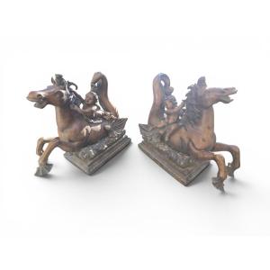 Pair Of Mythological Bronze Sculptures Depicting Putti Riding Seahorses