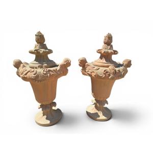 Pair Of Italian Terracotta Garden Urns, 1970s