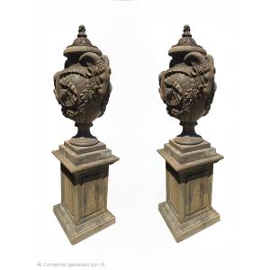 Pair Of Stone Urns With Ram's Heads, Italy, 1940s