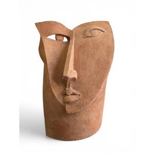 Sculpture de tête cubiste unique en terre cuite, années 1970