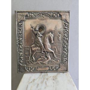 A 19th-century Icon Depicting Saint George Slaying The Dragon, Adorned With An Oklad (riza) E