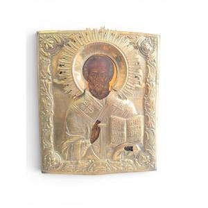 19th-century Russian Icon Of Saint Nicholas With A Silver-plated Oklad