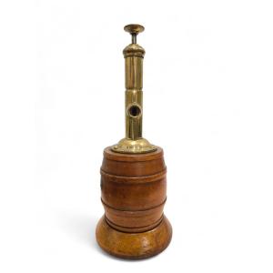 Antique Cigar Cutter Made Of Wood And Gilded Brass, Barrel-shaped, Circa 1900