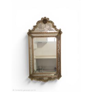 Venetian Wall Mirror Made Of Murano Glass, Adorned With Floral Engravings And Amber Accents, 20th Century