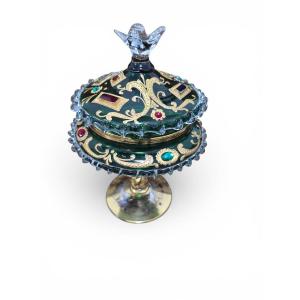 Venetian Candy Box With An Emerald-green Glass Lid, Adorned With Gilding And Precious Stones