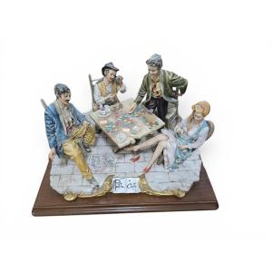 Large Figurative Group In Capodimonte Porcelain, “partita A Carte” – The Card Game, Italy