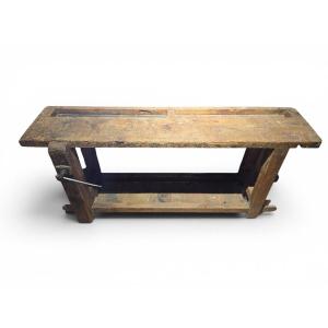 Établi de menuisier du XIXe siècle en bois massif avec patine d'origine
