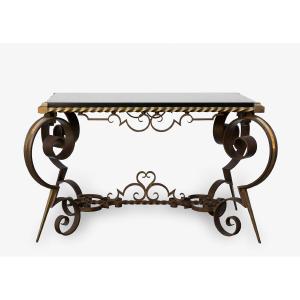 French Coffee Table From The 1970s Made Of Belgian Black Marble, Gilded Bronze, And Wrought Iron
