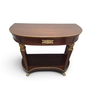 French Empire-style Half-moon Console Table, Decorated With Gilded Bronze And Gilded Caryatids, 19th Century