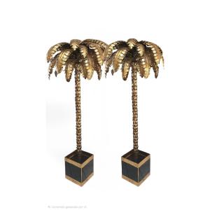 Pair Of French Palm Tree-shaped Sculptures Made Of Gilded Metal, In The Style Of Maison Ja