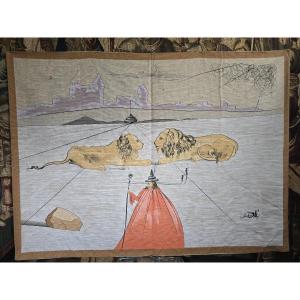 Large Surrealist Textile Panel By Salvador Dalí Depicting Lions, 180 × 140 Cm