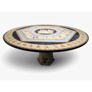 Table ronde italienne en marbre du début du XXe siècle avec motifs grecs classiques peints à la