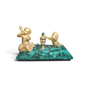 19th-century Italian Inkwell Made Of Malachite And Gilded Bronze (ground Gold) Featuring Cupid And A Mermaid –