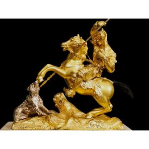 Asian Hunting Scene In Gilt Bronze XIX Eme