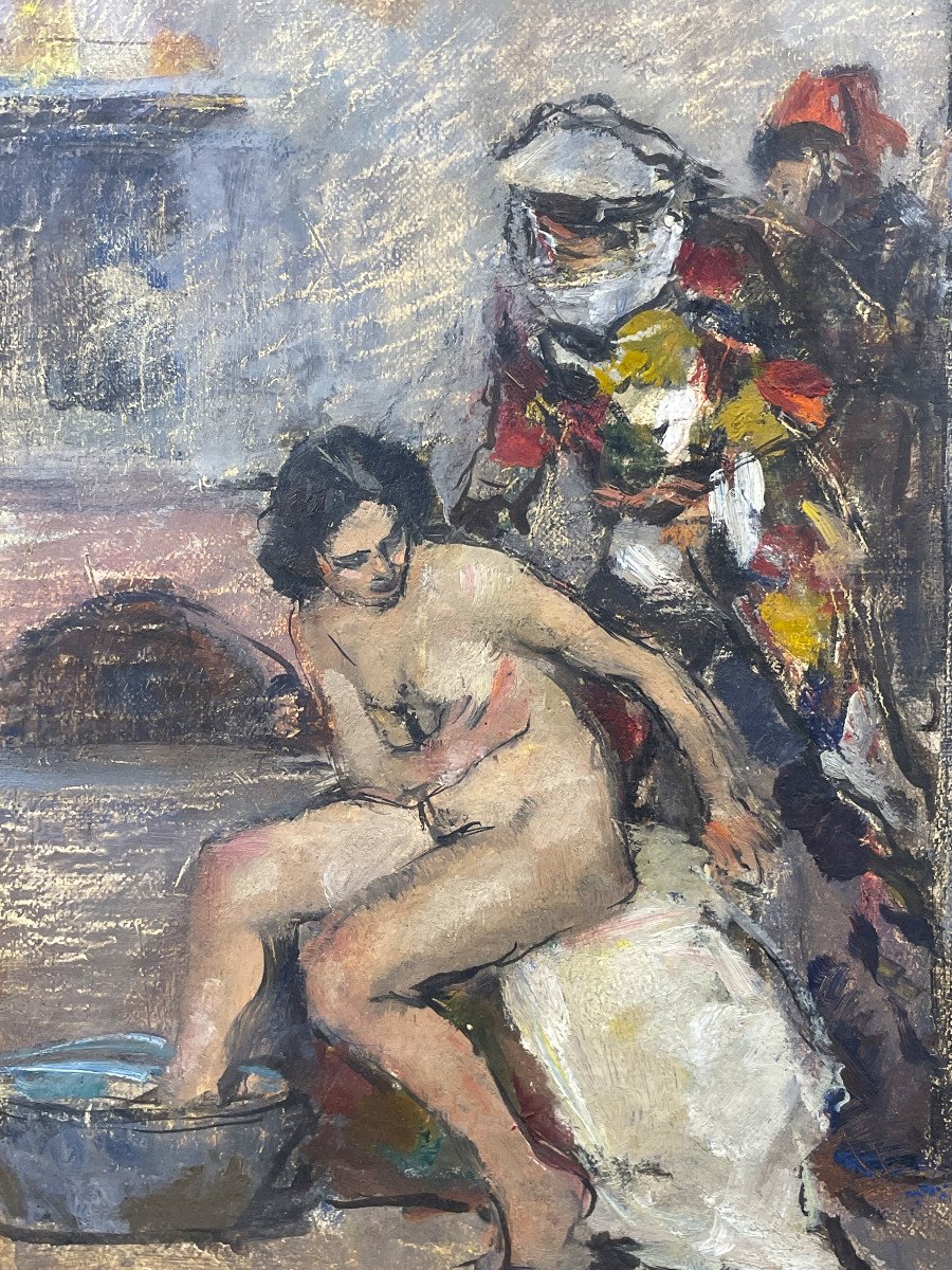 Peinture "Nu féminin et figures masquées à Venise", Carlo CHERUBINI 1950s-photo-2