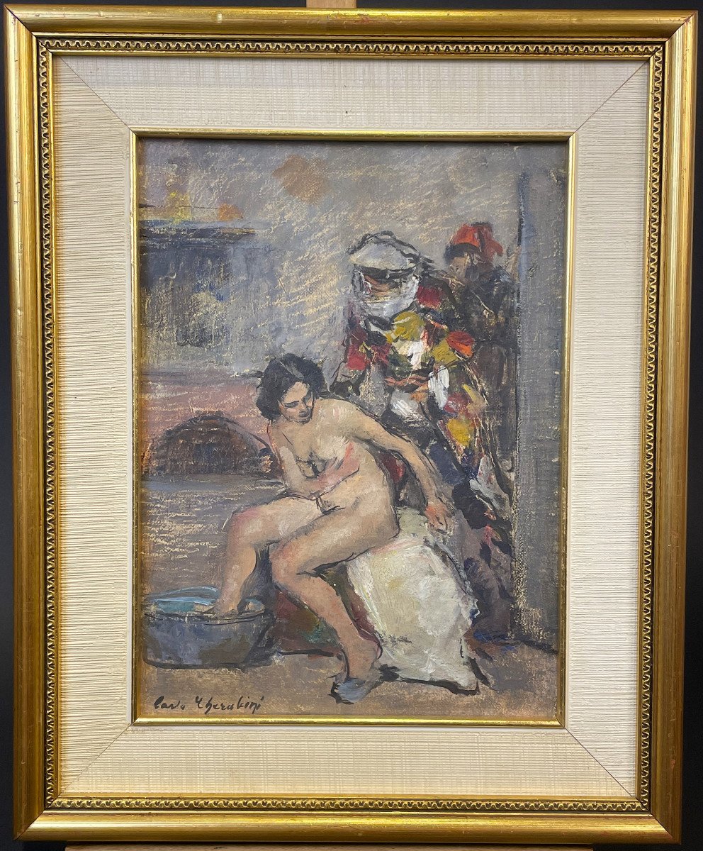 Peinture "Nu féminin et figures masquées à Venise", Carlo CHERUBINI 1950s