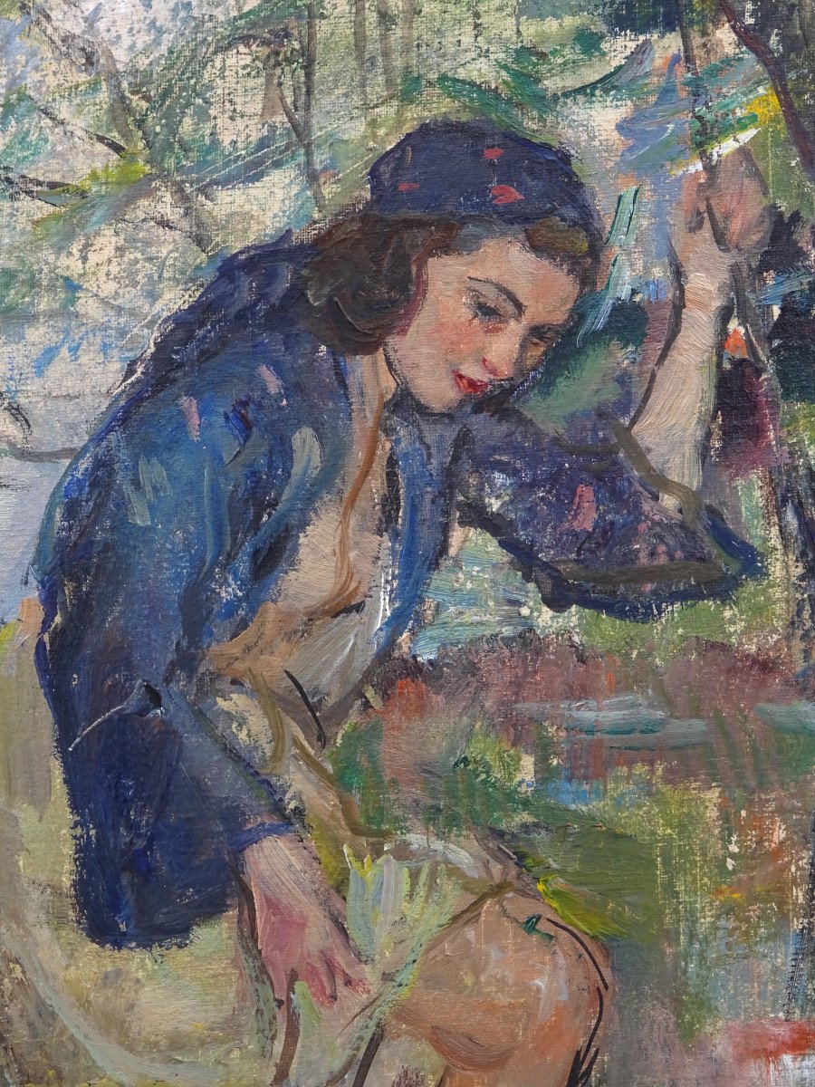 Peinture "Figure féminine dans le ruisseau", Carlo CHERUBINI 1950s-photo-1