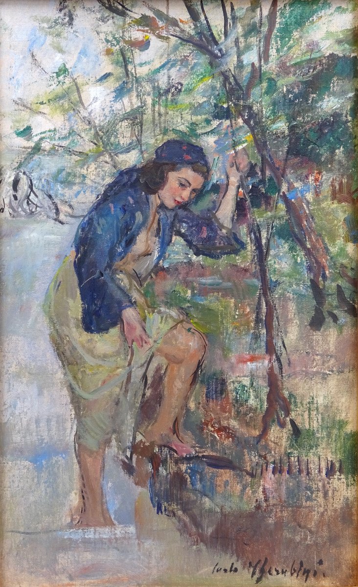 Peinture "Figure féminine dans le ruisseau", Carlo CHERUBINI 1950s-photo-4