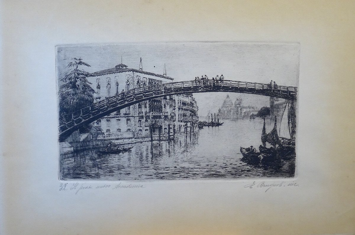 Engraving "the New Accademia Bridge" By Emanuele Brugnoli, 1920s-photo-2