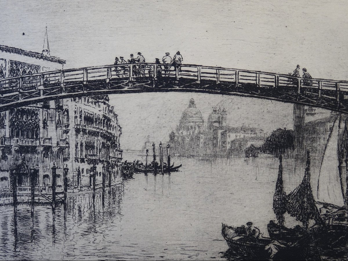 Engraving "the New Accademia Bridge" By Emanuele Brugnoli, 1920s-photo-1