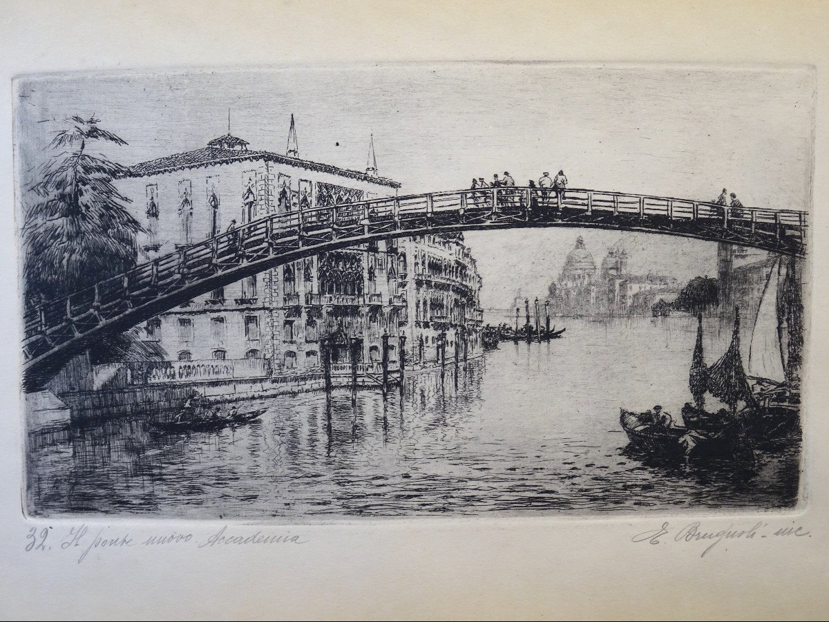 Engraving "the New Accademia Bridge" By Emanuele Brugnoli, 1920s