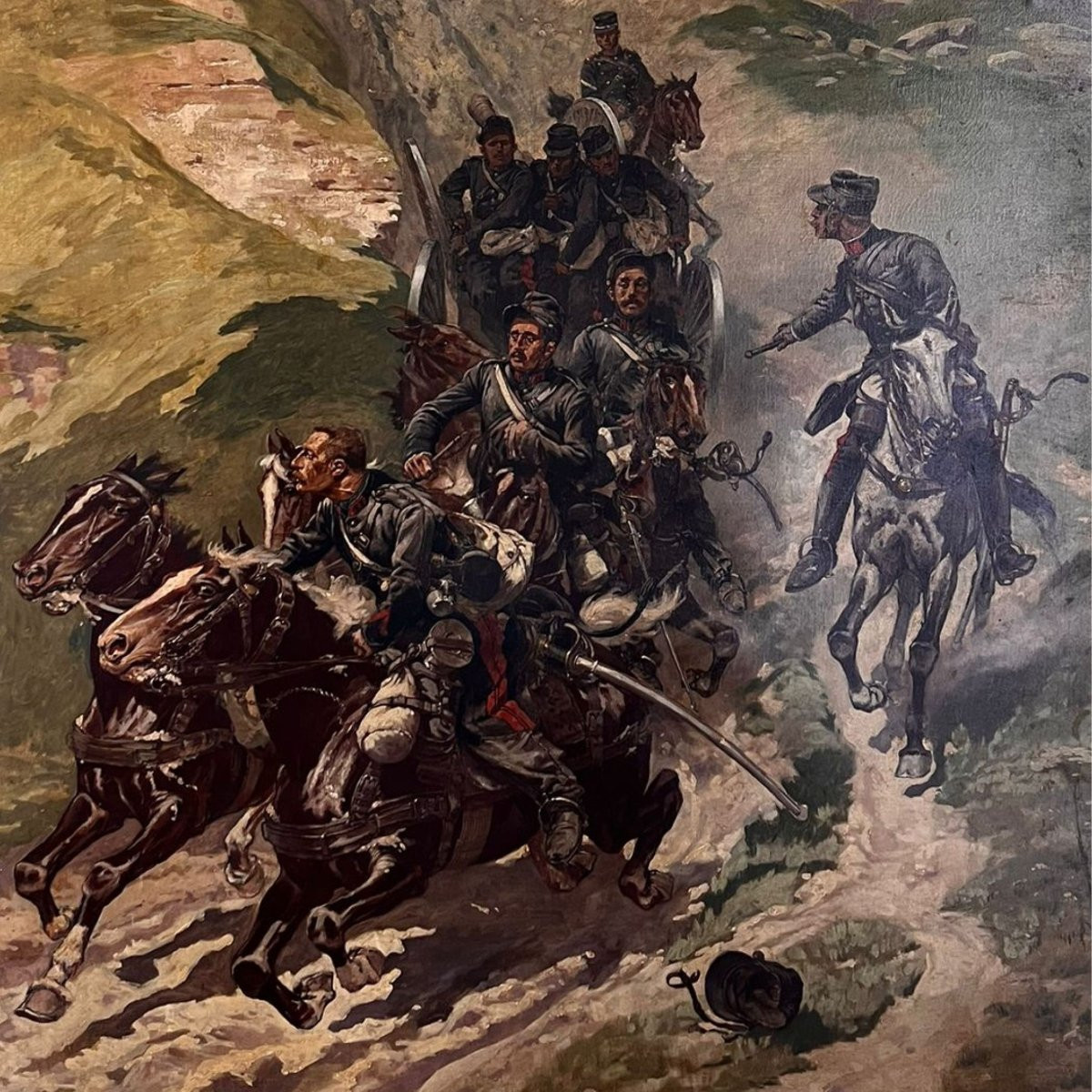 Eugène Courboin , "Scène de bataille avec chevaux et cavaliers", huile sur toile, 1894-photo-3