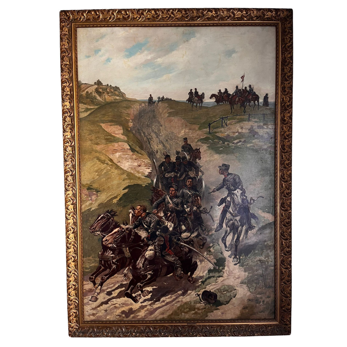 Eugène Courboin , "Scène de bataille avec chevaux et cavaliers", huile sur toile, 1894