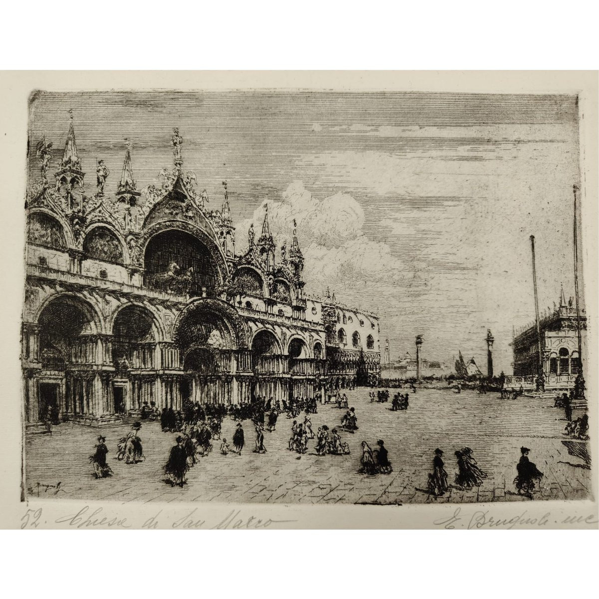 Emanuele Brugnoli, Etching “basilica Of St. Mark”, Venice, 1920s, Italy-photo-3