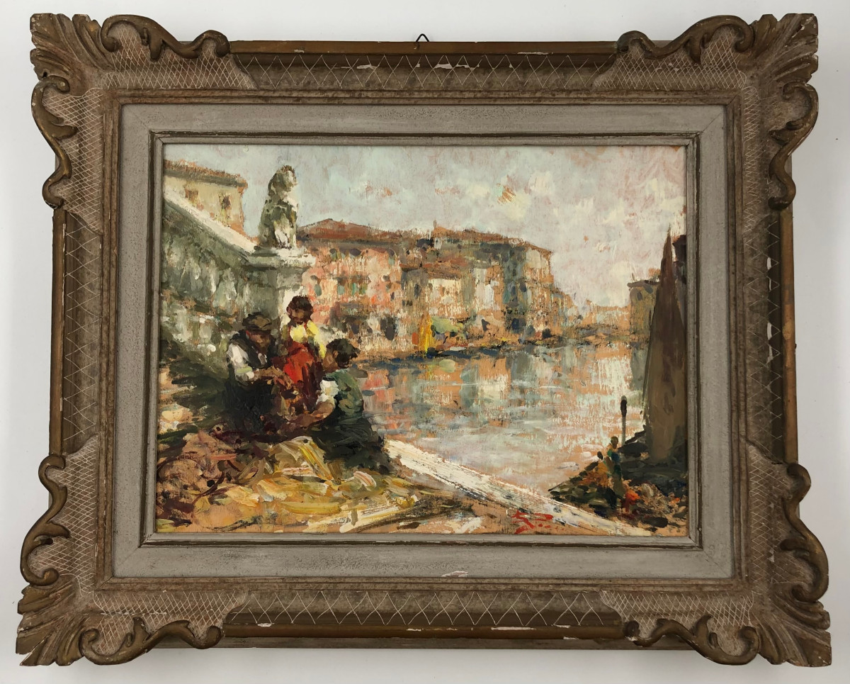 Luigi Pagan Huile sur bois "Chioggia. Veduta di Canal Vena"