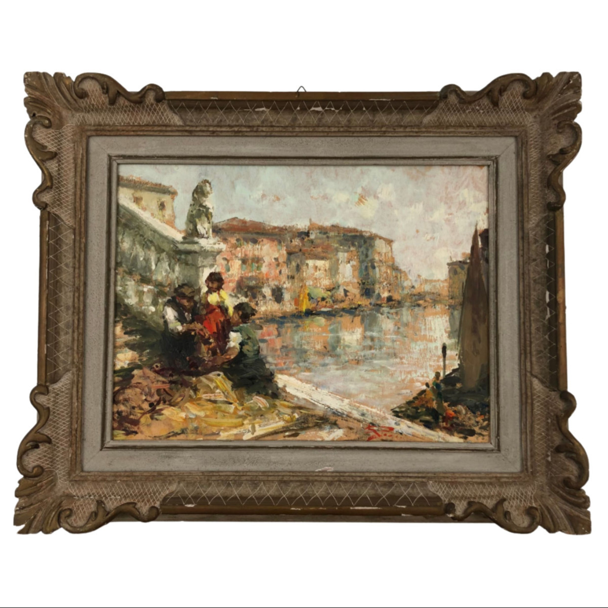 Luigi Pagan Huile sur bois "Chioggia. Veduta di Canal Vena"