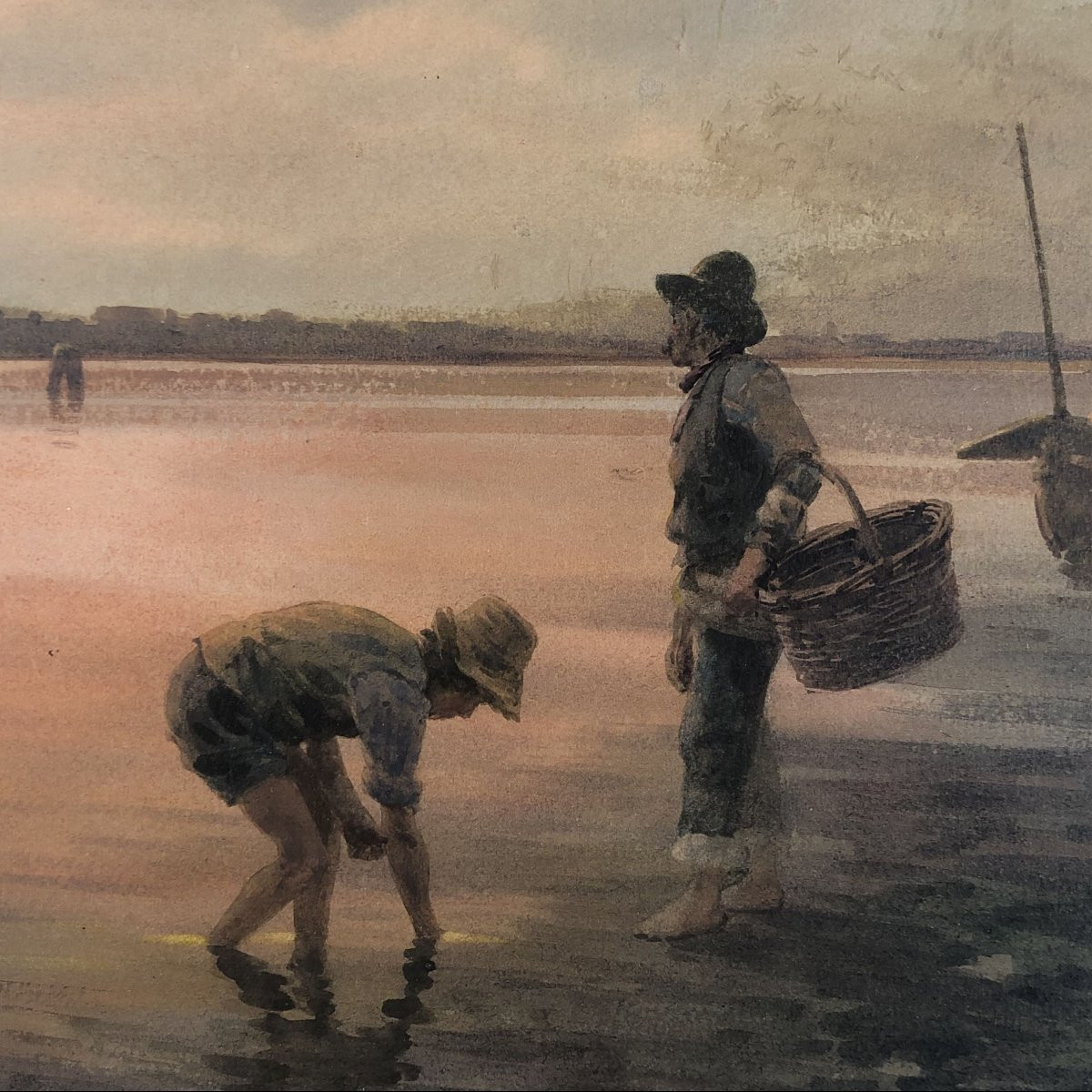 Aquarelle « Pêcheurs dans la lagune de Venise », Alberto Prosdocimi, XXe siècle-photo-2