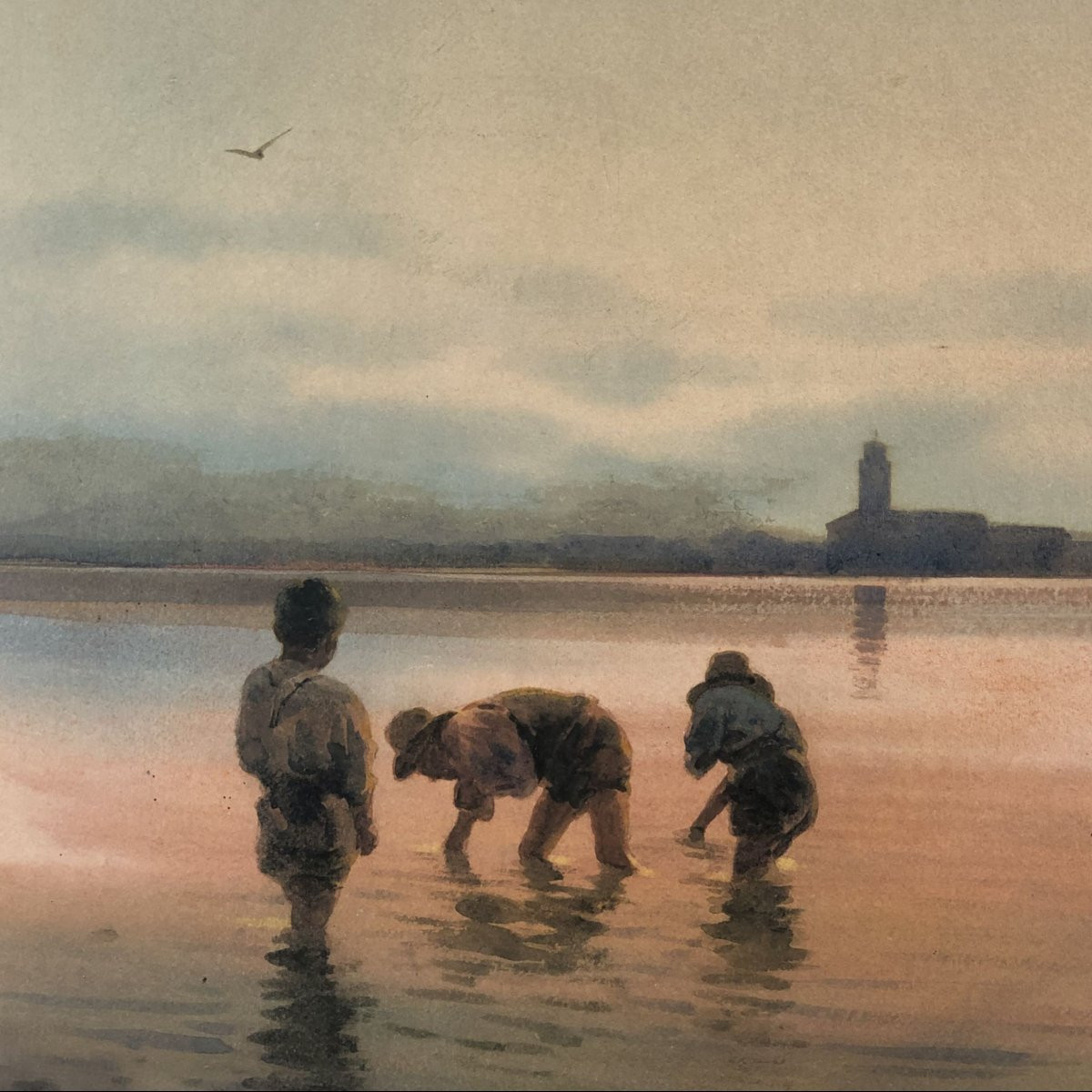 Aquarelle « Pêcheurs dans la lagune de Venise », Alberto Prosdocimi, XXe siècle-photo-3