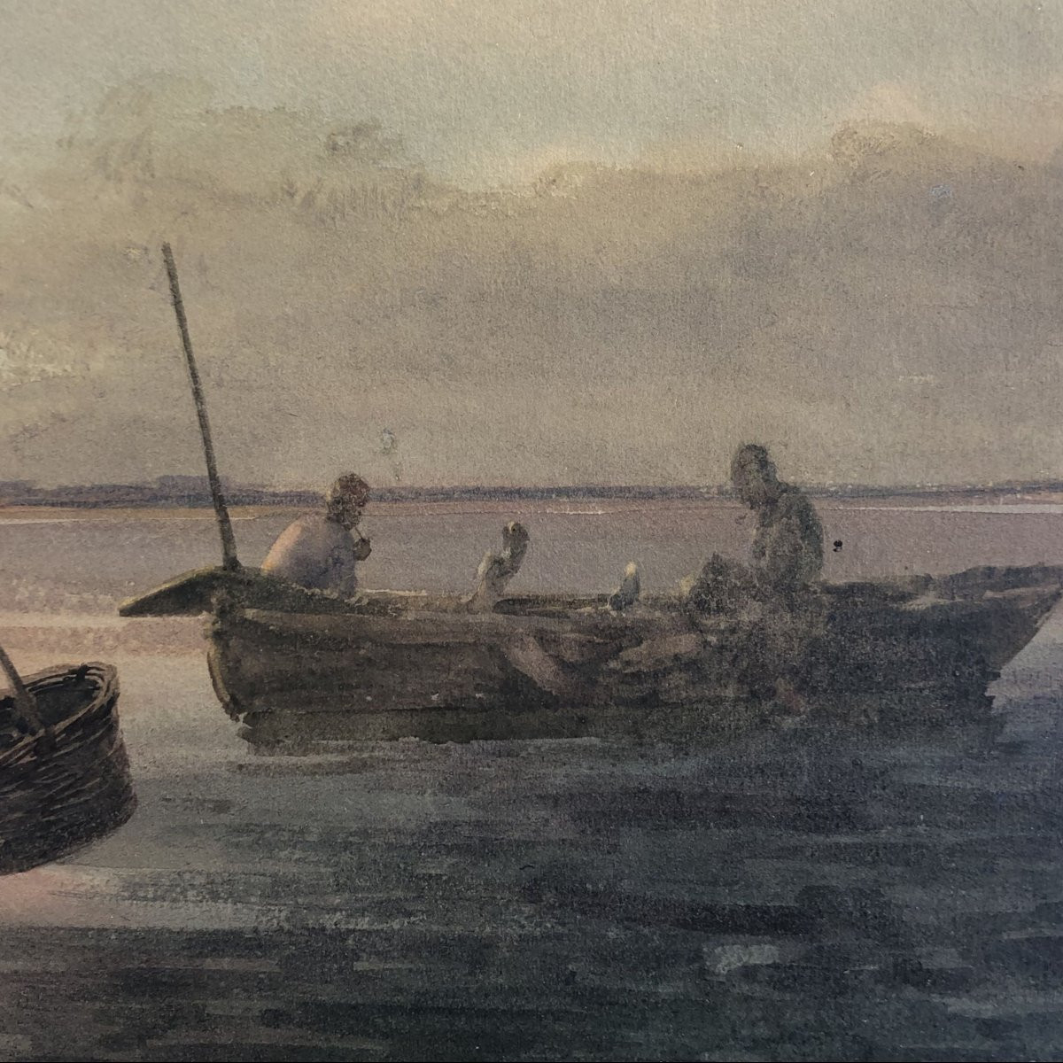 Aquarelle « Pêcheurs dans la lagune de Venise », Alberto Prosdocimi, XXe siècle-photo-2