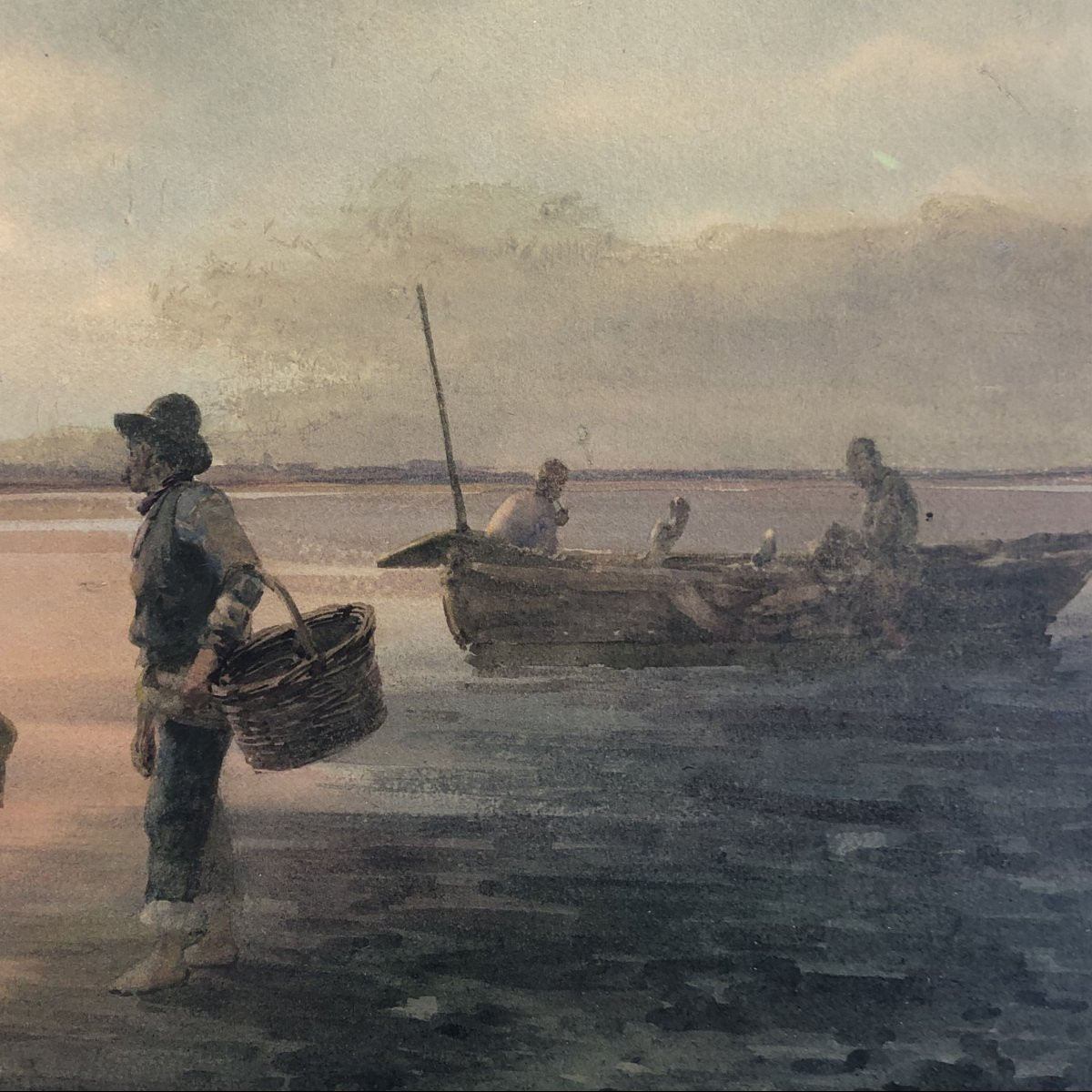 Aquarelle « Pêcheurs dans la lagune de Venise », Alberto Prosdocimi, XXe siècle-photo-3