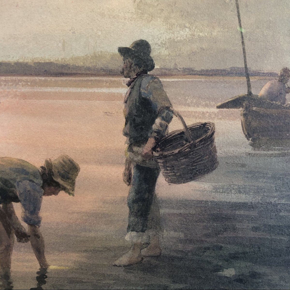 Aquarelle « Pêcheurs dans la lagune de Venise », Alberto Prosdocimi, XXe siècle-photo-4